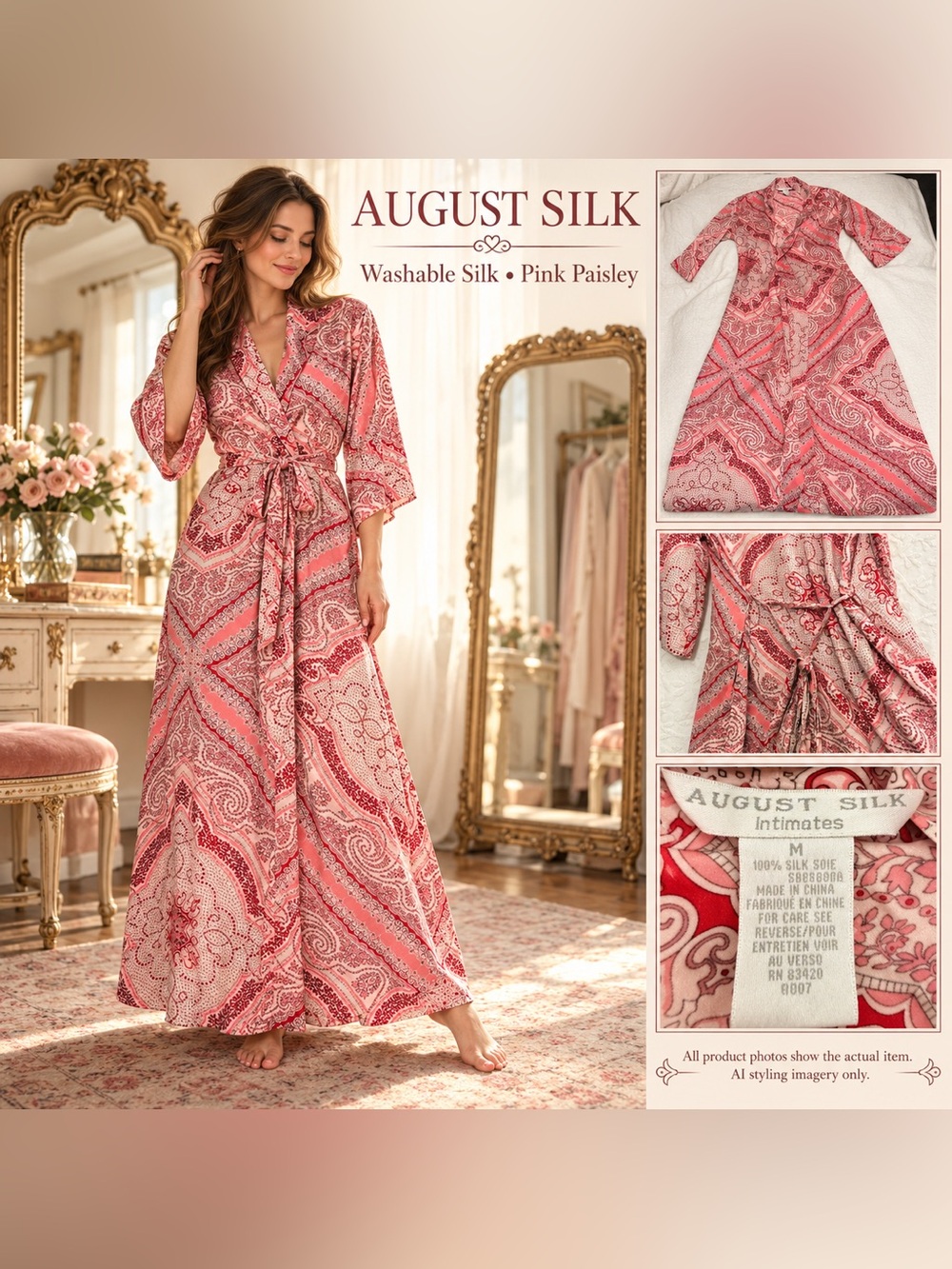 August Silk Robe M Pink Paisley 100% Washable Silk Maxi Belted Soft Girl Luxury